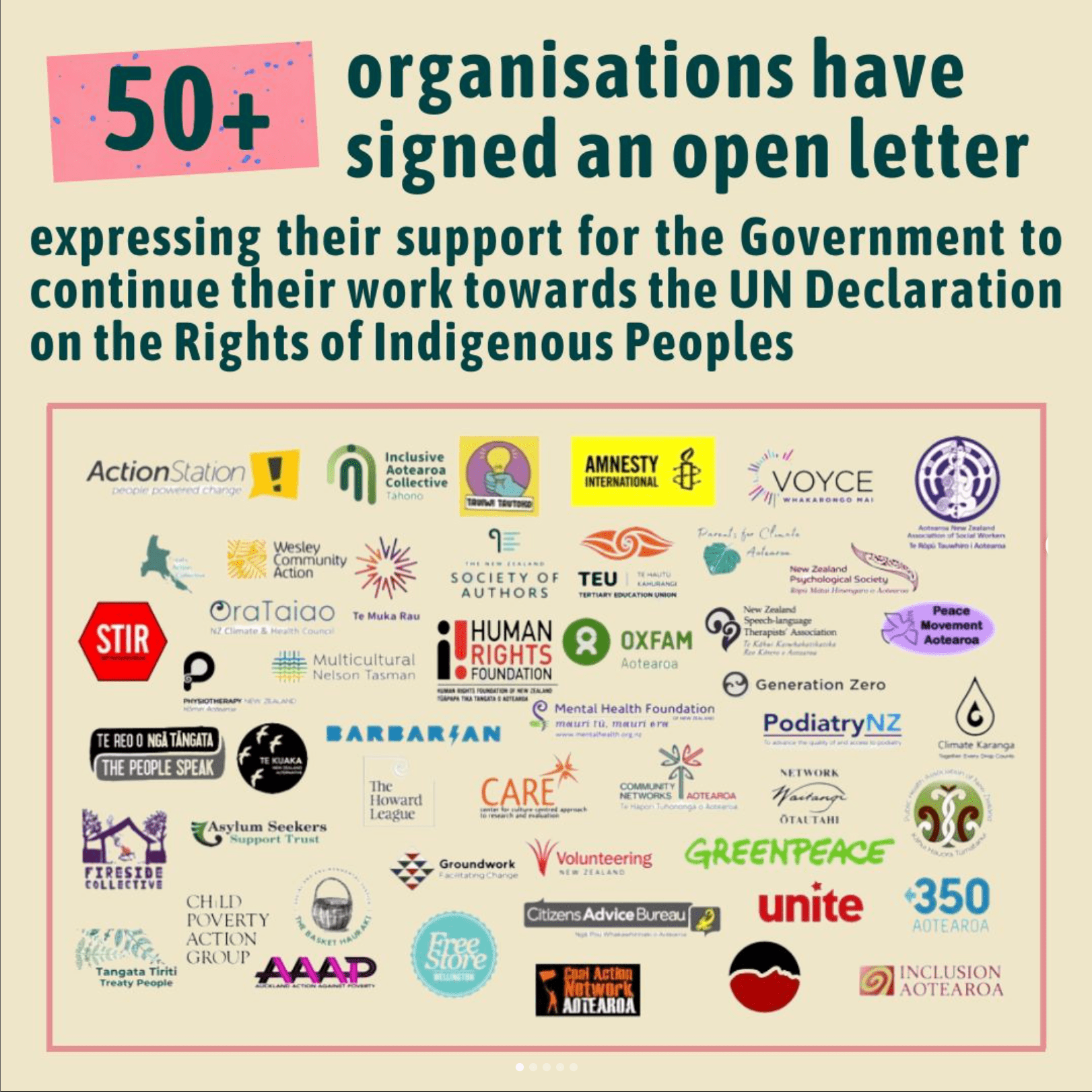 The image says "50+ organisations have signed an open letter expressing their support for the Government to continue their work towards the UN Declaration on the Rights of Indigenous Peoples", and shows a gallery of the many organisations participating.