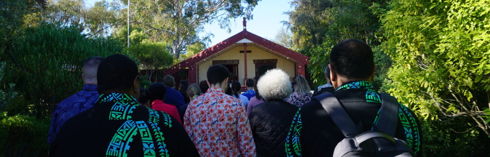 Participants at the gate of the Ōmaka marae
